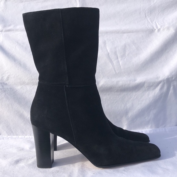 Anne Klein Black Suede Mid Calf High Heel Boots w/Square Toe - Picture 5 of 16